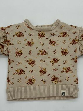 Girls' Beige Floral Ruffle Sleeve Sweatshirt by Rabbit + Bear Size 0-3M